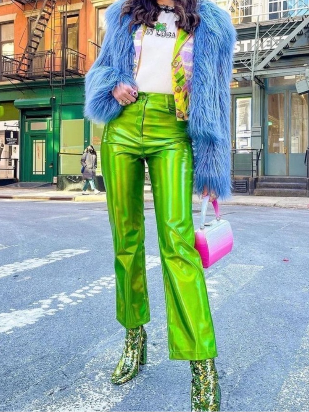 Amylynn Lupe Green Metallic High Waist Straight Leg Pants Size Medium